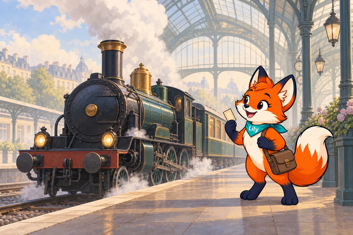 Lily découvre une locomotive à vapeur depuis le quai de la gare.