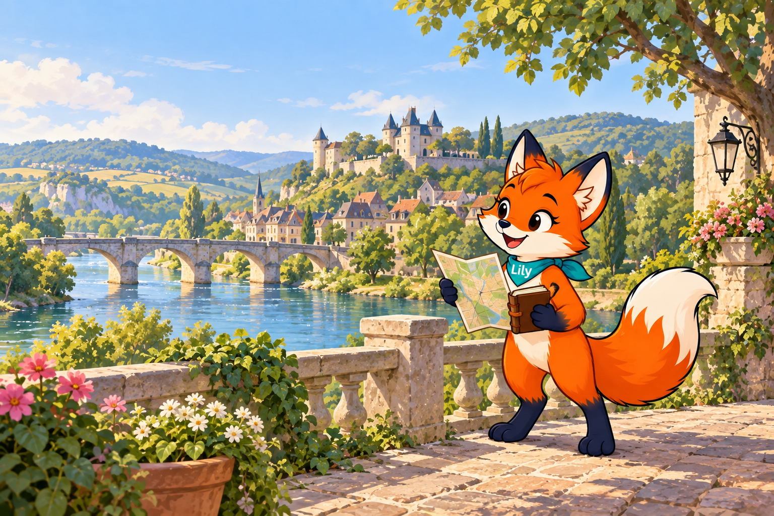 Lily prépare son carnet de voyage devant une rivière et un château.